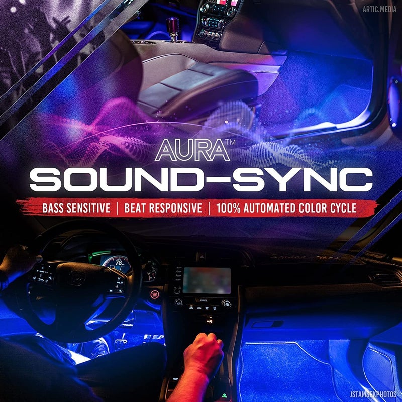 OPT7 Aura Interior Car Lights 6pc with Remote Control, Color Change, Music Sync Inside Ambient Lighting Kit, Car Truck LED Lights Under Dash Accessories, Charger Adapter 12V, 6pc Single Row LED Strip - Image 3